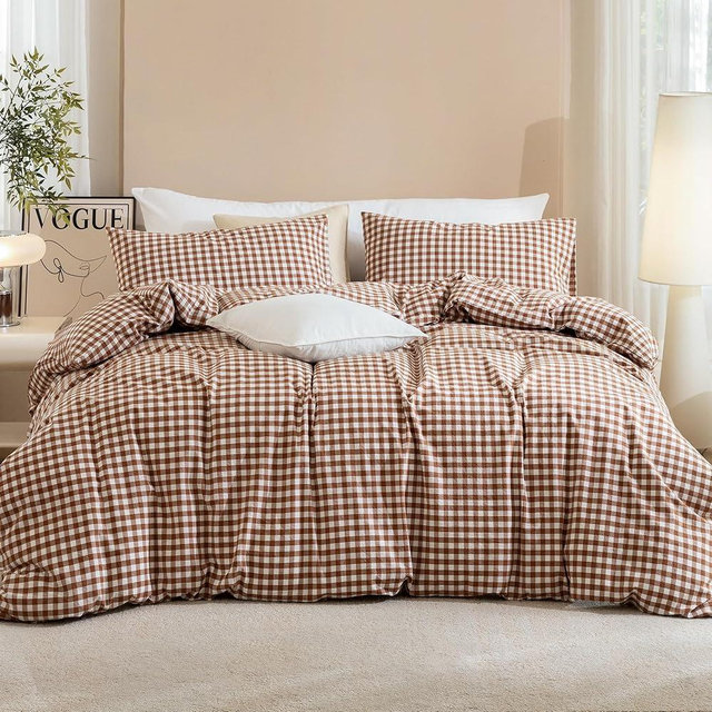 JIYUAN King Size Duvet Cover Set, 3-Piece Classic Gingham - 100% Washed Cotton, Linen-Like Soft & Breathable,with Zipper Closure, Includes 104"x90" Inch Cover & 2 Pillowcases,Dark Orange/White