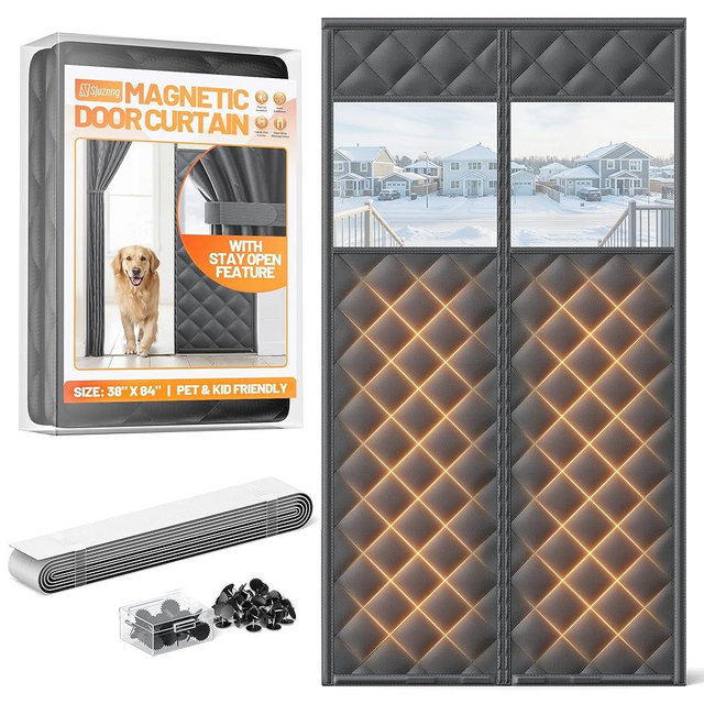 Magnetic Insulated Door Curtain Fits 36"x82" Doors - Thermal Door Cover for Winter with Clear Window, Window Insulation Kit & Doors Draft Stopper to Keep Cold Air Out for Front Doorway Home - Black