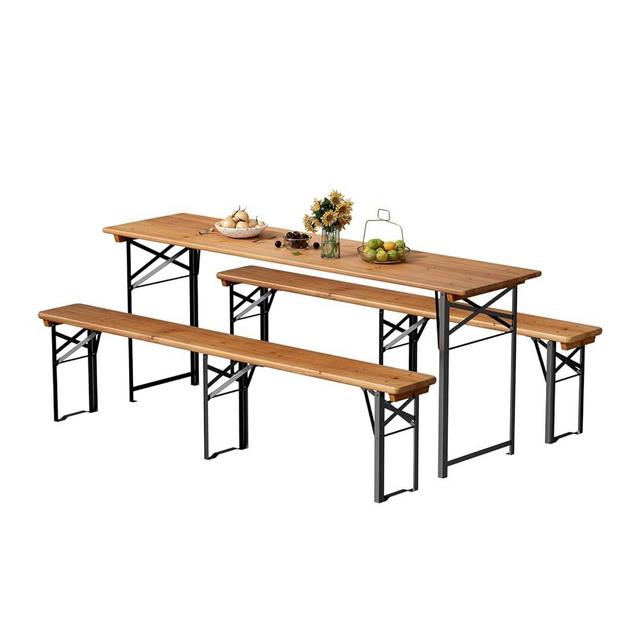 VINGLI 70 Inch Folding Picnic Tables with Benches Set, Weather-Resistant Wooden Beer Garden Table Bench, 3-Piece Portable Fold Up Camping BBQ Table,Walnut Color