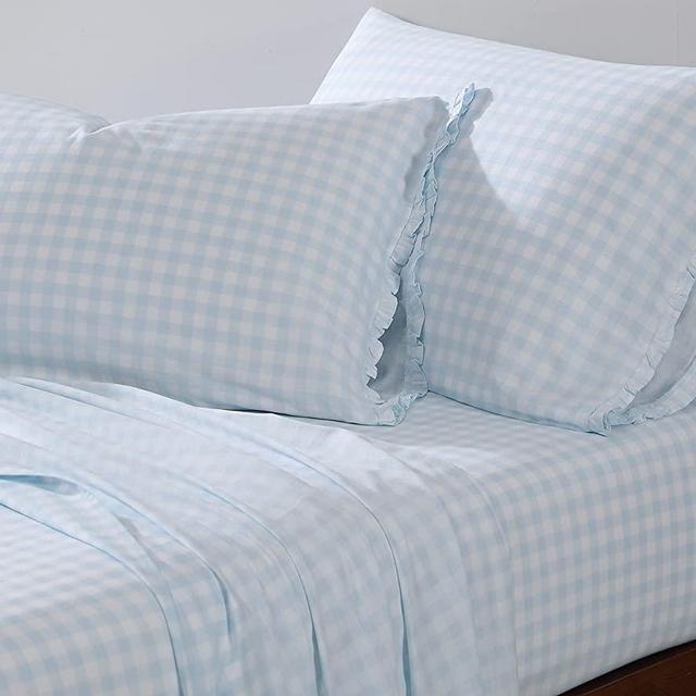 Shabby Chic® - Queen Sheets, Soft & Breathable Organic Cotton Bedding Set, Classic Style Home Decor with Ruffled Pillowcases (Gingham Blue, Queen)