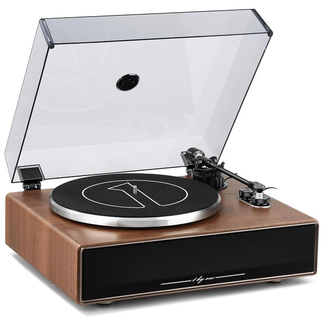 1 by ONE Vinyl Record Player with Bluetooth Input, All-in-One Turntable with Built-in Speakers, Phono Preamp, AT-3600L Cartridge, Belt Drive 33/45 RPM