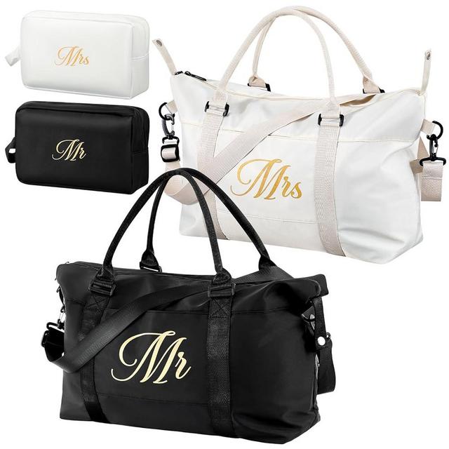 Sanwuta 4 Pcs Mrs Mr Duffel Bag Set Include 2 Pcs Large Wedding Honeymoon Travel Bags and 2 Pcs Toiletry Bags Lightweight Weekender Bags Gym Tote Bag for Bride Groom His and Hers Party Gift