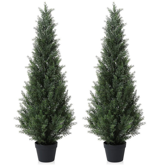 Laiwot 4FT Artificial Cedar Topiary Trees for Outdoors Potted Fake Cypress Trees Faux Evergreen Plants for Home Porch Decor Set of 2