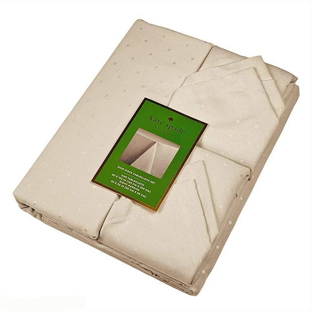 Kate Spade New York Larabee Dot 9 PC Light Ivory Cream Cotton Tablecloth 60"x102" & 8 Napkin Set