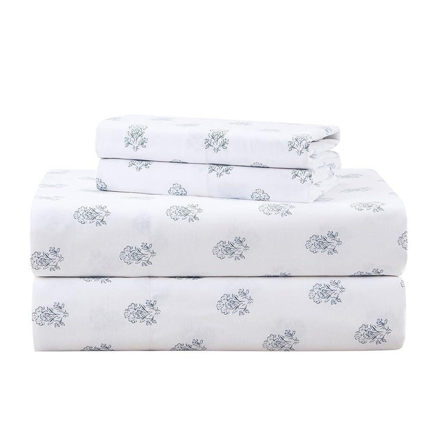 Comfort Spaces 100% Cotton Sheets Queen, Breathable, Naturally Cool Cotton Sheets, Soft Cotton Bed Sheets with 14" Elastic Pocket Fits up to 16" Mattress, All Seasons Sheet Set, Floral Blue 4 Piece