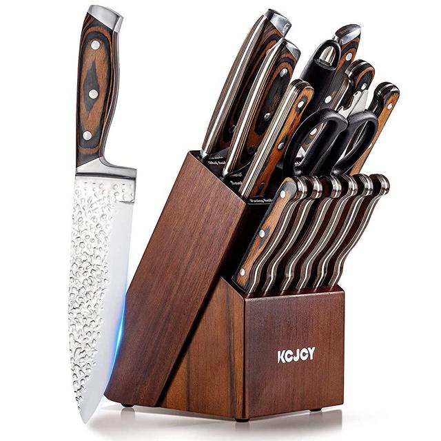 KCJOY Knife Set, Kitchen Knife set 16-Piece Premium Japanese knife Stainless Steel Embossed Kitchen Knives with Wooden Block Knife Sharpener Chef Knife Set Bread Knife (Red Block-001)