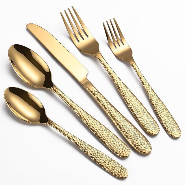 Gold Hammered Silverware Set, 20-Piece Heavy Duty Stainless Steel Flatware Sets for 4, Food-Grade Cutlery Set for Home Restaurant, Mirror Polished, Dishwasher Safe