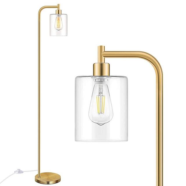 Industrial Floor Lamp with Hanging Glass Shade Brass Gold Farmhouse Indoor Pole Light with Edison E26 Base Vintage Rustic Standing Tall Lighting for Living Room Bedroom Office(Bulb Not Included)