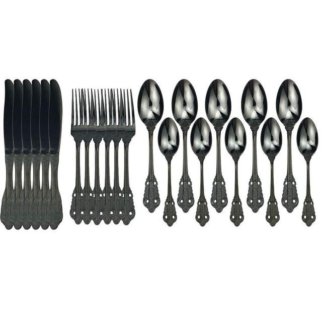 JASHII Retro Palace Coffee Spoon Flatware Unique Stainless Steel flatware for 6 Shiny Cutlery Tableware set for Kitchen Dining Bar Dishwasher Safe (Shiny Black)