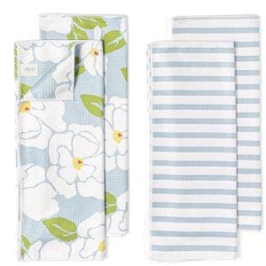 ELYN Microfiber Kitchen Dish Towel Set, Quick-Dry & Absorbent Waffle Weave Cleaning Towels, Set of 4 Kitchen Towels, Paper Towels Alternative (Magnolias & Stripe)