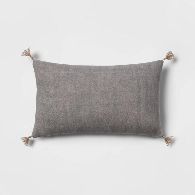 Washed Linen Lumbar Throw Pillow with Tassels Gray - Threshold™