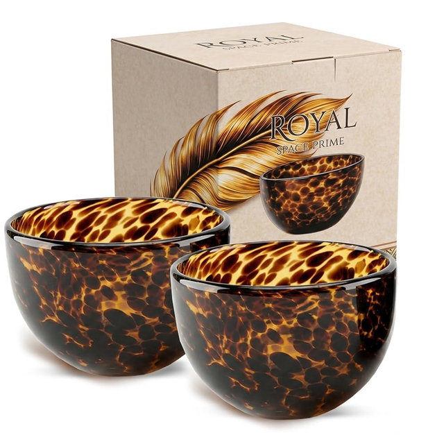 Tortoise Shell Glass Bowls - Set of 2 | Animal Print Bowls for Vanity, Serveware and Accessories | 12oz Amber Small Serving Bowls for Nuts and Snacks | Leopard Style Glass Dishes for Home Décor