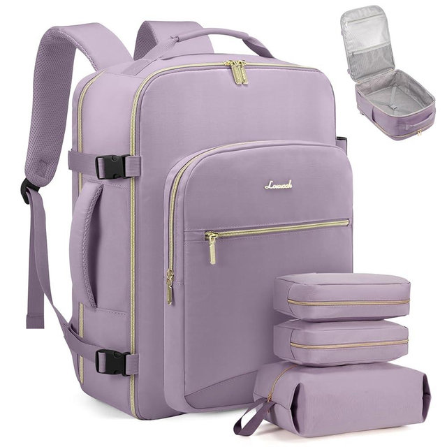 LOVEVOOK Travel Backpack for Women & Men 40L,Airline Approved Carry On Backpack Travel Essentials,TSA Carry on Luggage,Waterproof Personal Item Travel Bag,Suitcase with 3 Packing Cubes,Light purple