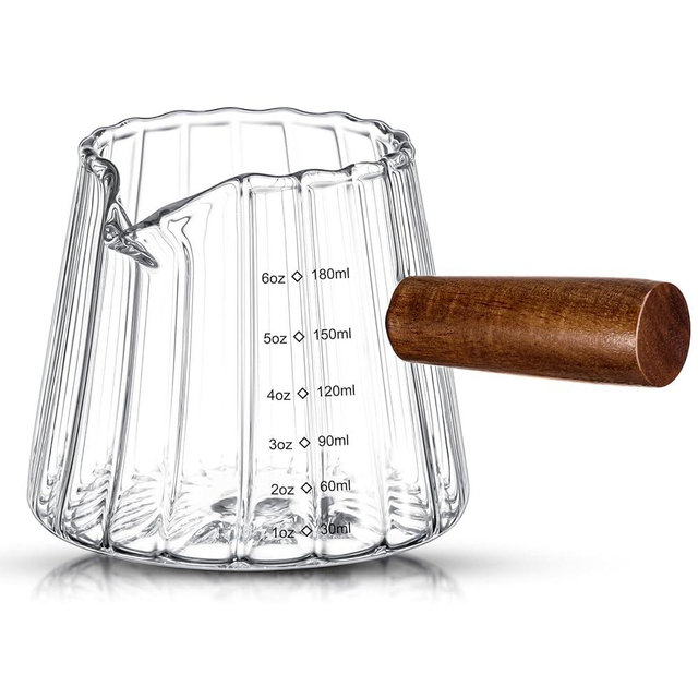 Jingmore 1 Pcs 6 Oz/180 ml Espresso Shot Glass with Wood Handle, Espresso Accessories, Single Spouts Milk Frother Measuring Cup with Clear Scale Heat Resistant for Coffee Milk Tea Syrup (Clear)
