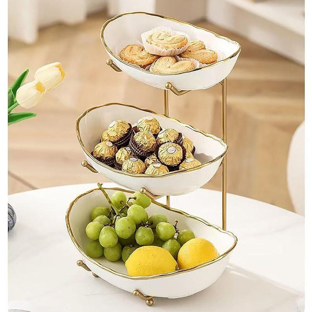 3-Tier Fruit Bowls for Kitchen Counter,Ceramic White Bowl with Gold Metal Stand,3 Tier Fruit Basket for Fruit,Snack,Cake,Nuts,Dessert Storage