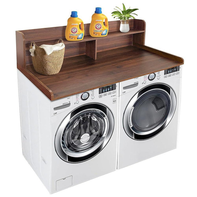 Royxen Laundry Countertop with 2-Tier Shelf Universal Fit, Washer and Dryer Countertop with Storage Space, Shelf Height 11.5 Inches, Walnut Color