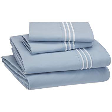 AmazonBasics Embroidered Hotel Stitch Sheet Set - Premium, Soft, Easy-Wash Microfiber - Queen, Dusty Blue