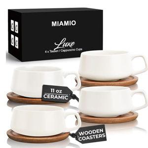MIAMIO – 11 Oz., Set of 4 Ceramic Tea Cup and Saucer Bamboo/Tea Mug - Wide Cappuccino Cup, Coffee Cups Ceramic Mug for Cappuccino, Latte, Espresso & Americano - Luxe Collection (White)