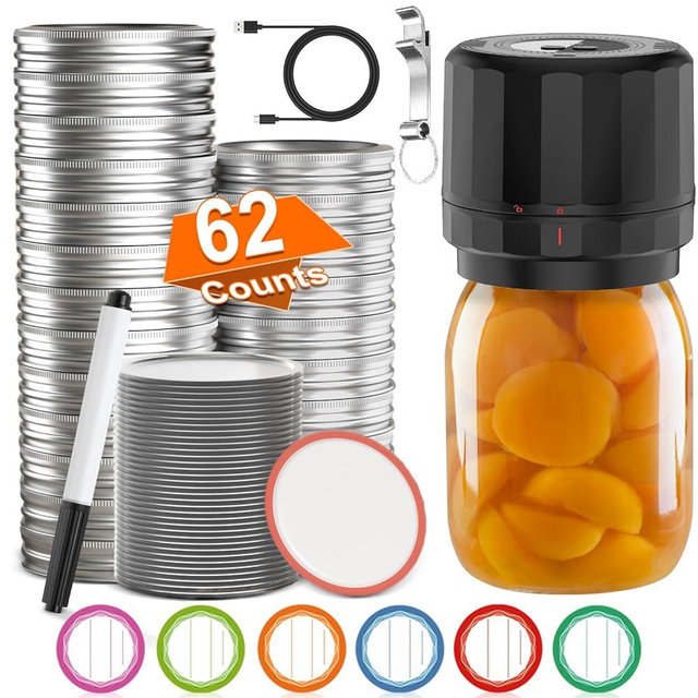 Electric Mason Jar Vacuum Sealer Kit and 52Pcs /26 Sets Regular Mouth Mason Jar Lids and Rings