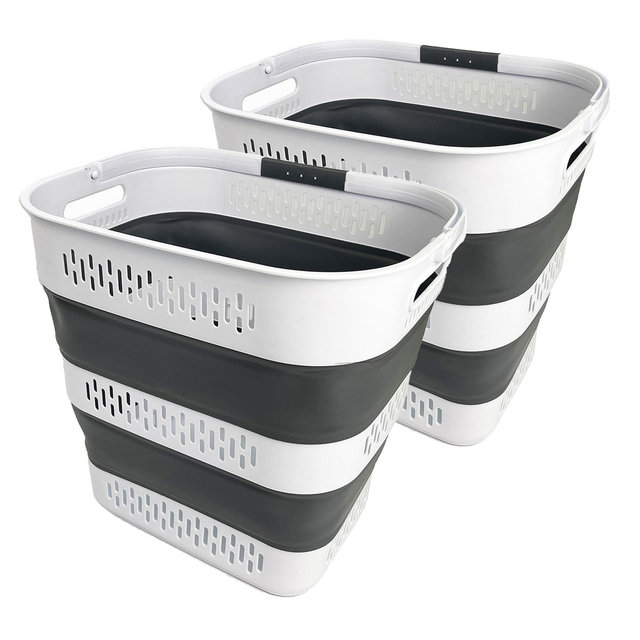SAMMART 40L Collapsible Plastic Laundry Basket with Handles, White/Steel Grey, Set of 2