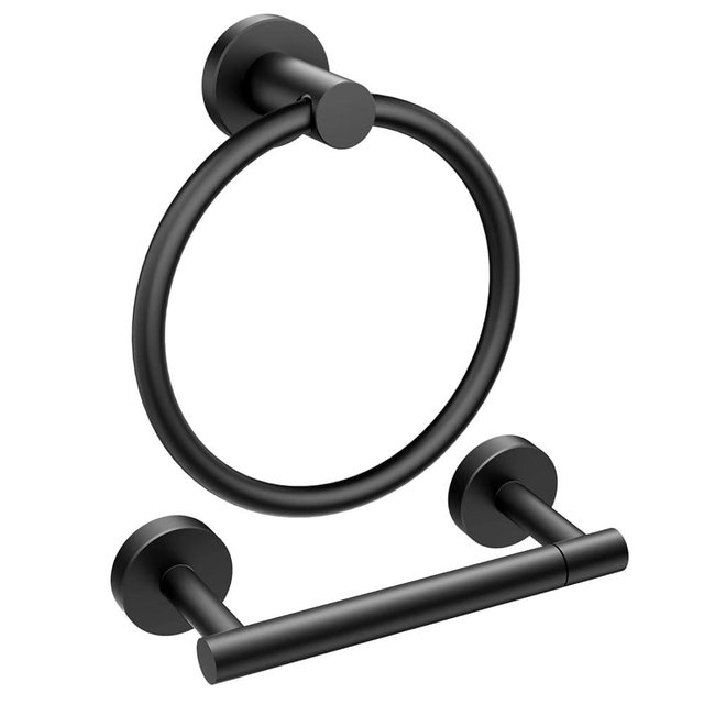 FORIOUS Matte Black Toilet Paper Holder Wall Mount, Sus304 Stainless Steel Towel Ring, Double Post Pivoting Toilet Paper Holder and Hand Towel Holder Set for Bathroom, RV, Bathroom Hardware Set Black