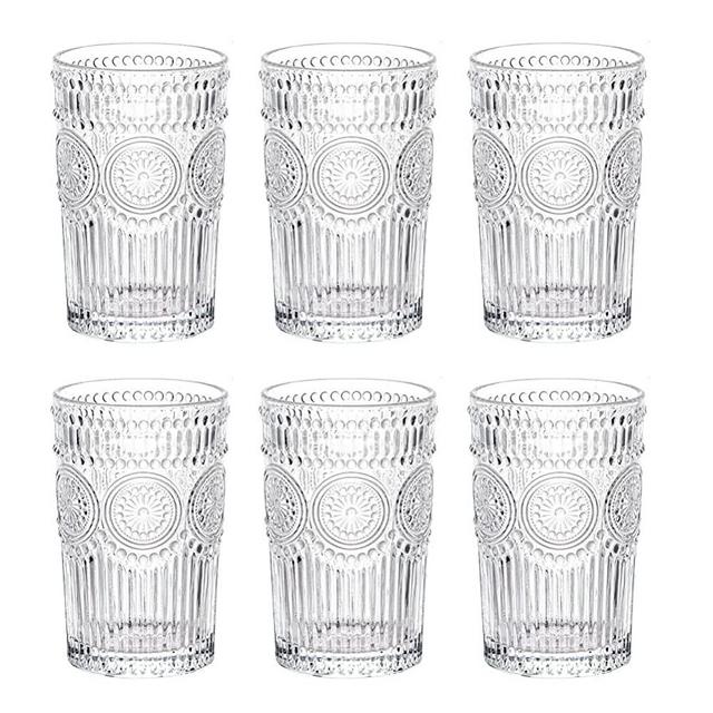 LOYUYU Set of 6, Romantic Water Glasses, 13 oz Premium Drinking Glasses Tumblers, Vintage Glassware Set for Juice, Beverages, Beer, Cocktail