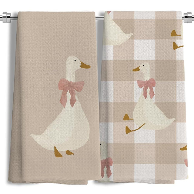 LUKIPOM Light Coquette Bow Plaid Goose Kitchen Towels Set of 2, Neutral Beige Checkered Dish Tea Towels for Kitchen Decor, Cute Goose Animal Hand Towels for Bathroom Decor, 16x24 Inches