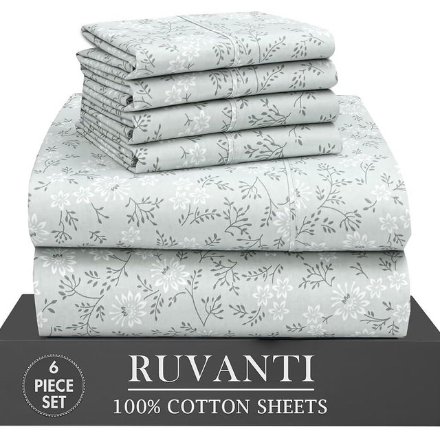 RUVANTI 6 Pcs Cotton Sheets - 100% Natural Cotton Soft, Lightweight & Breathable Crispy Percale Bed Sheets, Queen Sheet Set 16" Deep Pockets, Everbloom Studio
