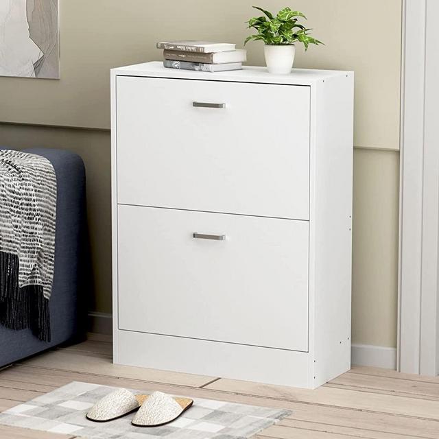 DiDuGo Tipping Bucket Shoe Cabinet with 2 Compartments, Modern Shoe Storage Cabinet Organizer for Entryway Porch White (23.6”W x 9.4”D x 31.4”H)