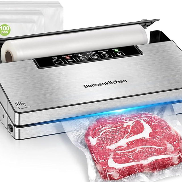 Bonsenkitchen Vacuum Sealer Machine, Food Sealer with 5 Modes, Globefish Technology for High-Speed Continuous Working, Built-in Cutter & Bag Storage, Include 100 Vacuum Bags & 1 Roll Bag, Black