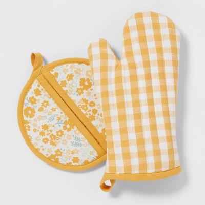 2pc Cotton Striped Oven Mitt And Pot Holder Set Yellow - Threshold