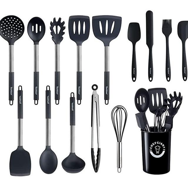 ChefGiant Silicone Kitchen Utensil Set | 15-Piece Stainless Steel Cooking Utensils Set & Holder, Spatula, Ladle, Pasta Server, Tongs, Whisk & More | Heat Resistant, BPA Free, Dishwasher Safe | Black