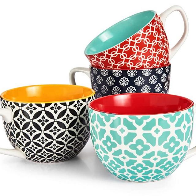 DOWAN 24 Oz Large Coffee Mugs Set of 4, Porcelain Jumbo Soup Mugs With Handles for Cereal Latte Cappuccino Hot Cocoa Soup, Easy to Clean Dishwasher safe, Housewarming Gift, Vibrant Colors