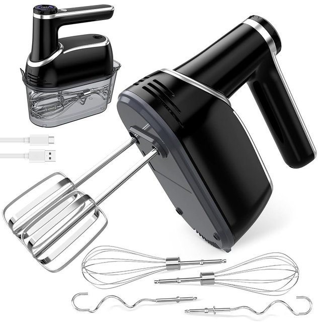 Cordless Hand Mixer, 12-Speed Rechargeable Electric Handheld Mixer with 6 x 304 Stainless Steel Attachments (2 Whisks, 2 Beaters, 2 Dough Hooks) & Storage Case, for Baking, Eggs, Cakes (Black)