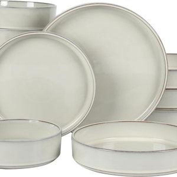 Bloomhouse - Oprah's Favorite Things - Santorini Mist Double Bowl Terracotta Reactive Glaze Plates and Bowls Dinnerware Set - Moonstone White, Service for Four (16pcs)