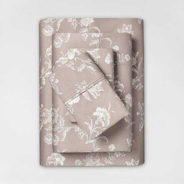 Queen Printed Performance 400 Thread Count Sheet Set Khaki Floral - Threshold™: Cotton Sateen, OEKO-TEX Certified, 4-Piece Set