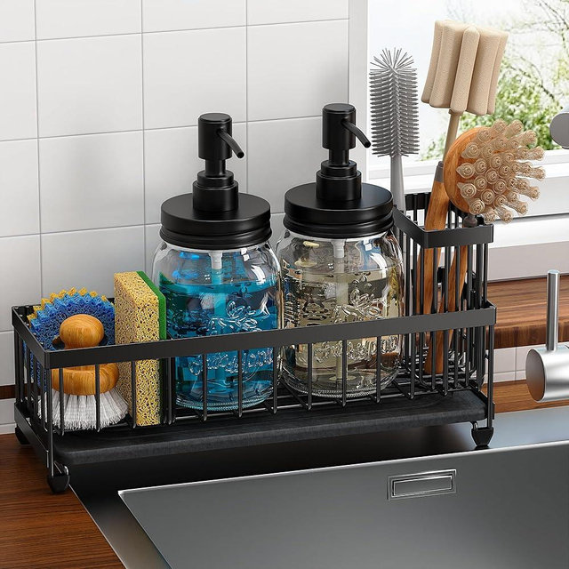 Galasily Mason Jar 16 oz Liquid Soap Dispensers Set with Large Kitchen Sink Caddy, Black Rustproof Stainless Steel Pump, Refill Hand Soap, Dish Soap, Vintage Farmhouse Decor for Bathroom, Kitchen