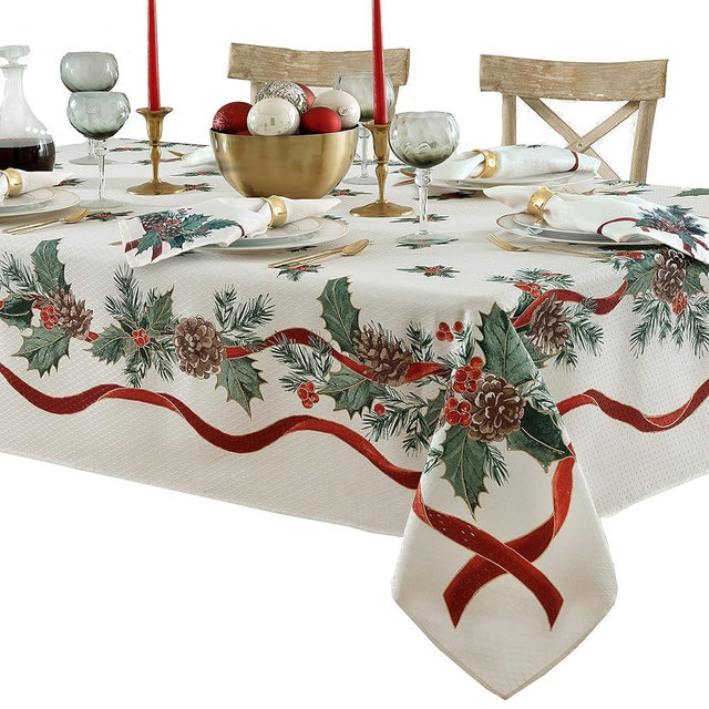 Lintex Evergreen Garland Double Ribbon Bordered Cottage Christmas Tablecloth, Holly and Pine Cone Country Xmas Holiday Easy Care Fabric Tablecloth, 60 Inch x 84 Inch Oblong/Rectangle