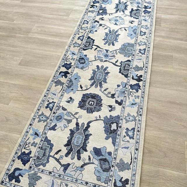 Fame Living Navy Blue Oushak Runner Rug, Modern Runners, Vintage, Turkish, Eclectic, Floral, Pastel, Washable, Runner for Hallway, Kitchen, Bedroom, Bathroom, 2'5"x9'8"