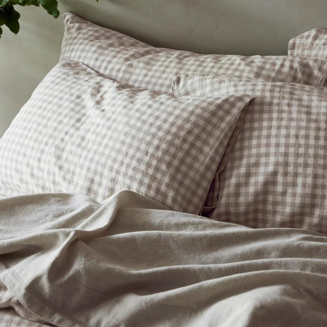 Mushroom Gingham 100% Linen Pillowcases (Pair)