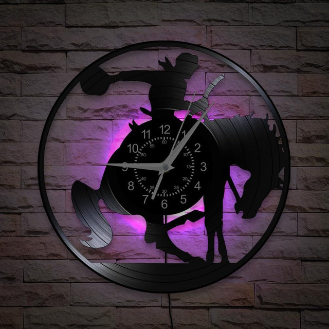 Timeglow Western Cowboy Wall Clock, 7 Colors Luminous 12 Inch Horse Riding Wall Clock, Silent Quartz Non Ticking Vintage Decorative Vinyl Record Night Light Wall Clock for Man Cave Living Room Bedroom