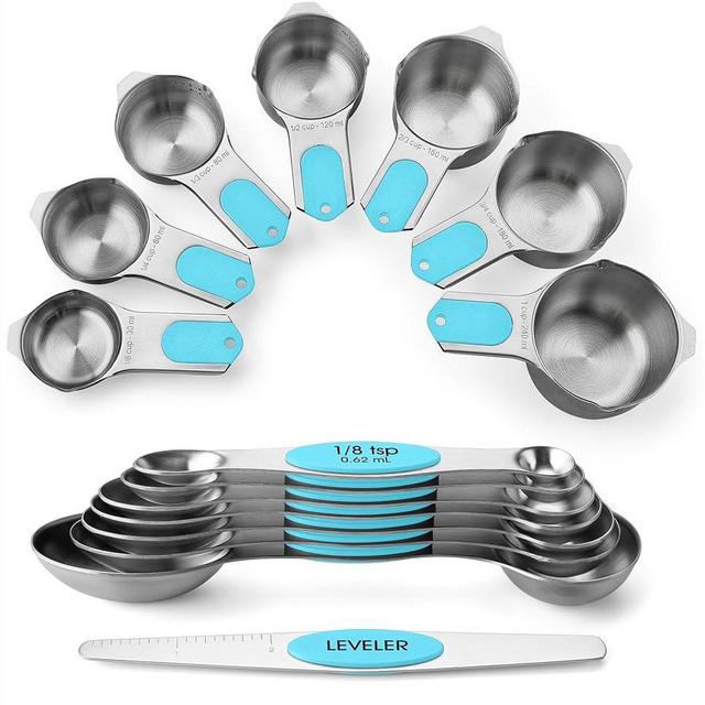 Spring Chef Magnetic Measuring Cups & Spoons Set (Patent Pending), Strong Magnets, Heavy Duty Stainless Steel Fits in Spice Jars for Baking & Cooking, BPA Free, Round Set of 15 with Leveler, Aqua Sky