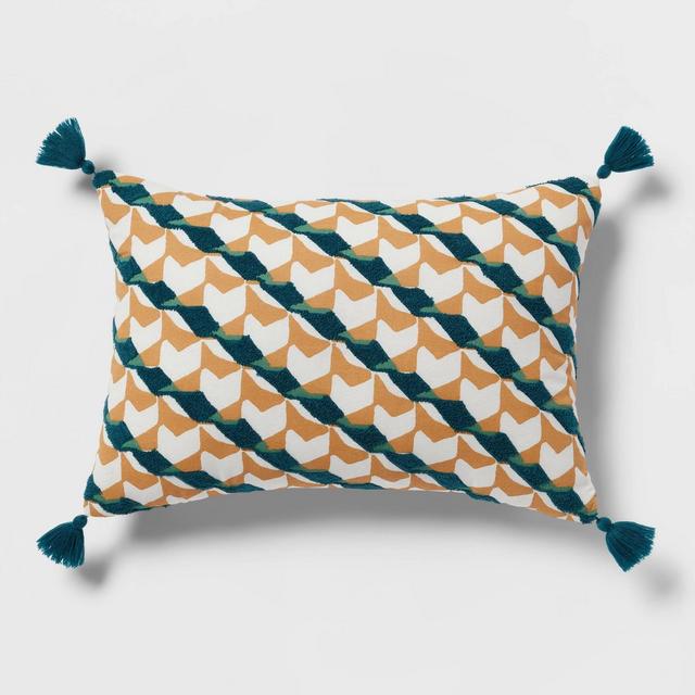 Oblong Geo Printed Embroidered Decorative Throw Pillow Dark Gold/Dark Teal Blue - Threshold™
