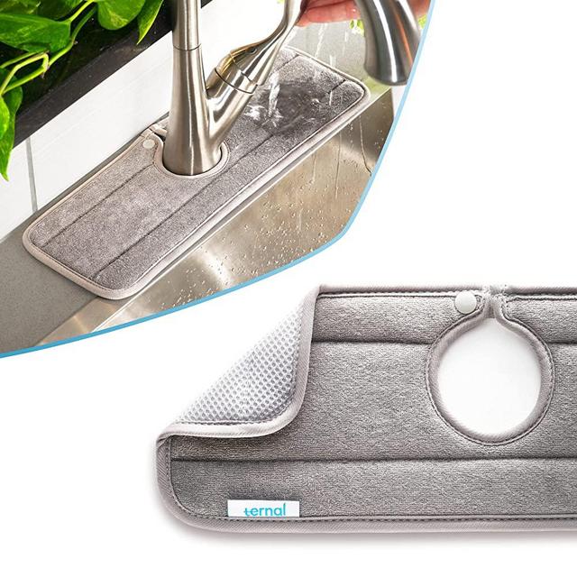 THE ORIGINAL Ternal Sinkmat backsplash guard kitchen faucet splash catcher absorbent mat, microfiber cloth contoured splash dish drying sponges, soap, drying racks farmhouse bar RV(Grey)