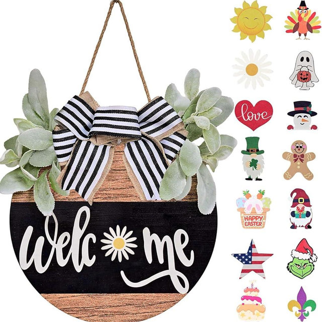 WSTPUPU Interchangeable Seasonal Welcome Sign Front Door Decoration Rustic Round Wood Wreaths for Spring Summer Fall Winter Holidays and Valentine's Day