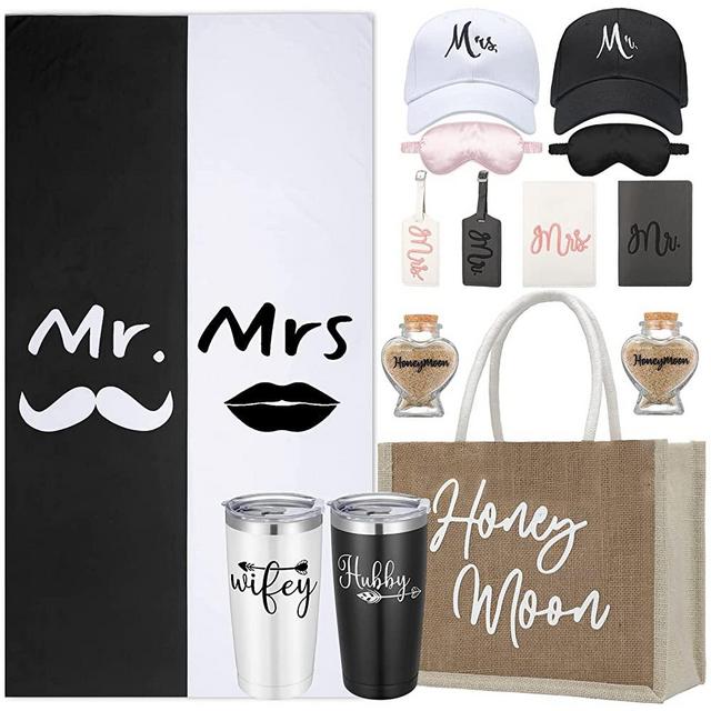 Rtteri 14 Pieces Wedding Gifts for Couple Mr and Mrs Honeymoon Gifts Bride and Groom Gifts Include Wedding Towels 20 oz Wine Tumbler Hat Passport Holder Baggage Tag Glass Bottle Honeymoon Tote Bag