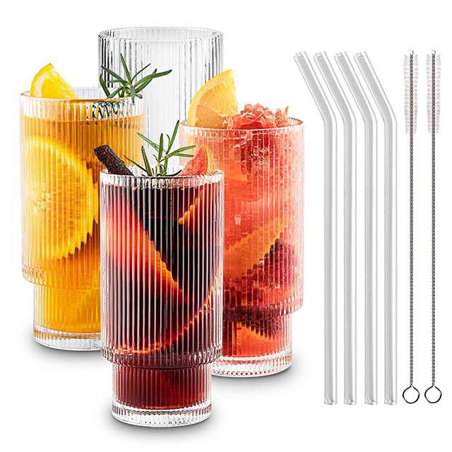 Gracenal Ribbed Glass Cups with Straws 12oz, Drinking Glasses Set of 4, Ribbed Glassware, Cocktail Glasses, Vintage Glassware, Whiskey Glasses, Coffee Bar Accessories, Iced Coffee Cups for Cute Gifts