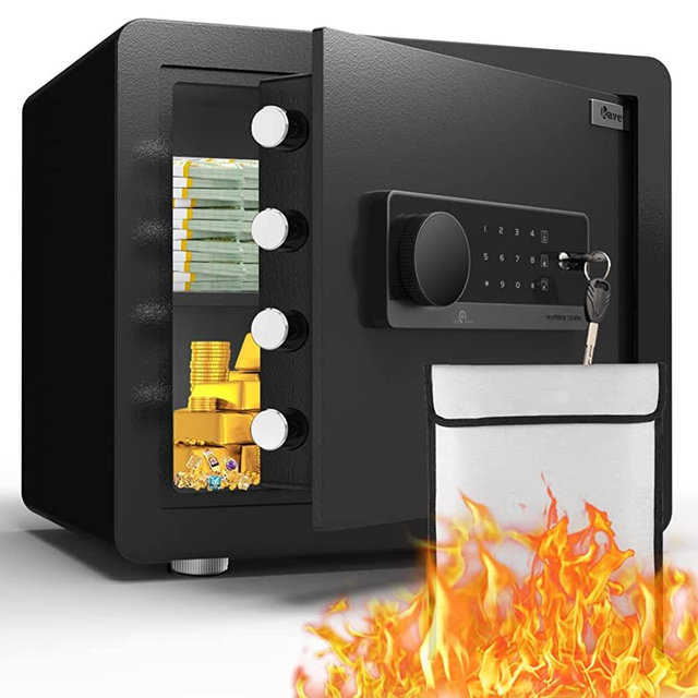Kavey Money Safe Box, 1.4 Cub Home Safe Fireproof with Fireproof Waterproof Money Bag, Digital Safe with LCD Touch Screen Include LED Light and Removable Shelf, Home Safe Box for Jewelry Gun Cash