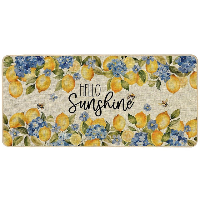 Baccessor Summer Lemon Doormat Rug 17x36 inch Sunshine Hydrangea Blue Yellow Floral Front Door Mat Indoor Outdoor Non Slip Rubber Backing Seasonal Entryway Kitchen Floor Decoration