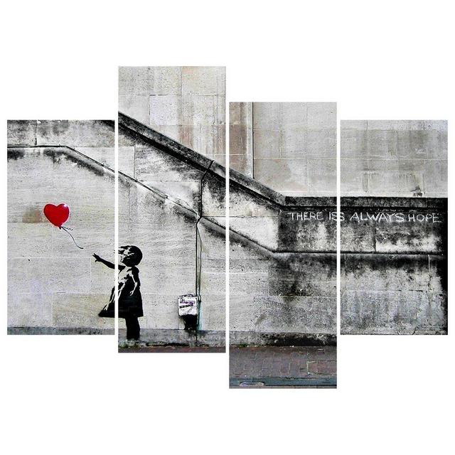 Pyradecor Banksy Grafitti Girl with Red Balloon Large 4 Panels Modern Stretched Canvas Prints Artwork Grey Love Pictures Paintings on Canvas Wall Art for Office Home Decorations L